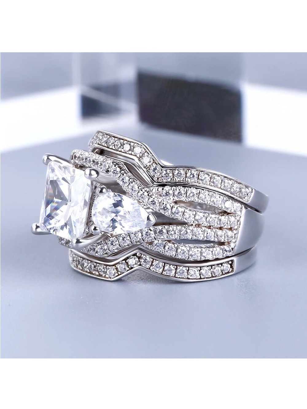 Julia Sterling Silver Brilliant Princess-Cut White Stone Silver-Bridal Ring Set - Picture 4 of 13
